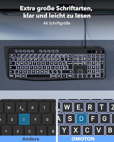 OMOTON Beleuchtete Tastatur, Kabel PC Tastatur, QWERTZ Weiß Beleuchtet mit großem Druck, 2 in 1 USB A/C- Für Senioren, Kinder, Sehbehinderte für Windows mit Multimedia-Tasten