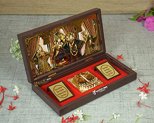 Image of GoldGiftIdeas 24 Carat Gold Plated Radhe Krishna Photo Frame with Charan Paduka Box for Home Decor, Hare Krishna Wooden Momento Gift, Return Gift for Wedding
