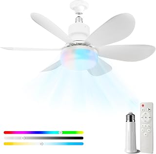 MIMIRGB Socket Fan Light with Remote,Small Ceiling Fans with Lights,Smart Timing Dimmable 3 Colors,E26 Base Socket Ceiling Fan for Bedroom Living Garage Kitchen（RGB Ambient-White）