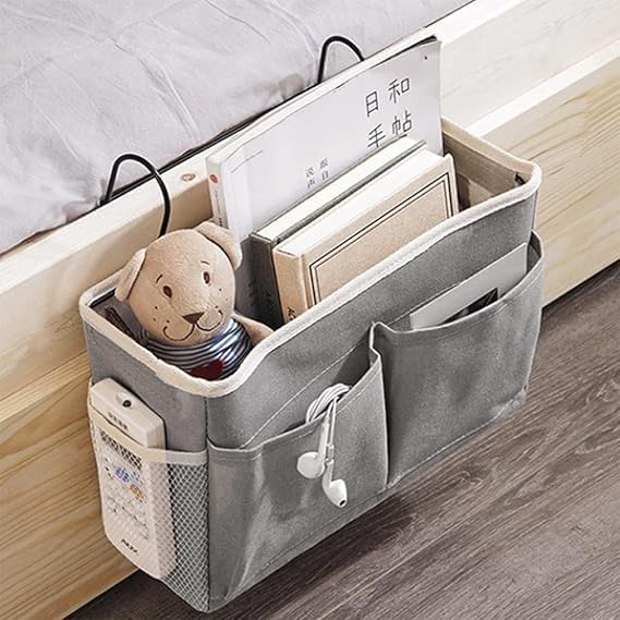 Linen Bedroom Accessories Hanging Bedside Caddy, Dorm Bed Hanging Basket Hostel Essentials, Bed Side Clothing Storage Organiser Multipurpose Cloth Hanging Shelf [Grey] [Pack-1]-image-39