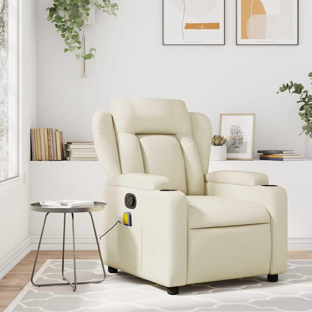 vidaXL Fauteuil de Massage Inclinable, Chaise de Relaxation avec Dossier et Repose-Pied Réglables, Siège Électrique de Salon, Moderne, Crème Similicuir