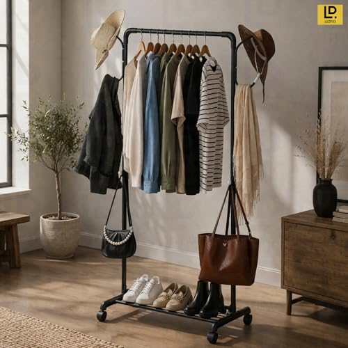Image of LEOPAX Multipurpose Tree Coat Hanger Stand with Cloth Rail and Hooks, Durable Clothes Rack Organizer for Hanging Clothes, Bags and Accessories for Home, Living Room and Bedroom - Black