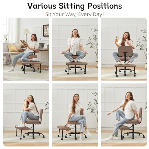 Image of Ergonomic Criss Cross Legged Office Chair, ADHD Chair, 360 Swivel Meditation Kneeling Chair with Wheels, Adjustable Footrest, Bigger & Wider Height Adjustable Seat, Strong Lumbar Support, Brown PU