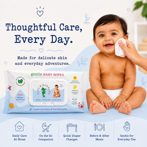 Image of Tots & Bubbles 99% Pure Water Baby Wipes | Plant Based, Unscented Newborn Wet Wipes, Thick & Gentle for Sensitive Skin - 72 Count with Lid (Pack of 4)
