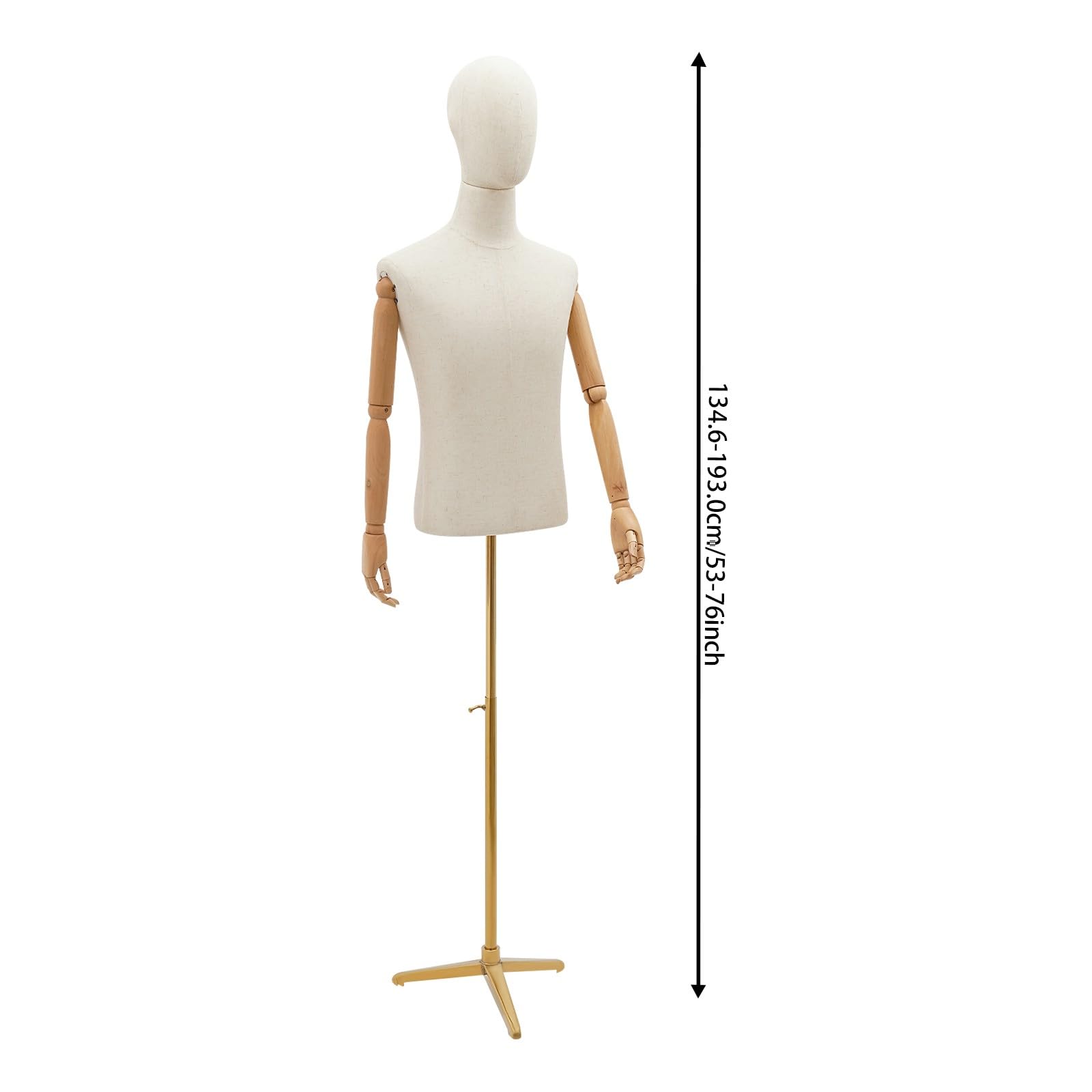 Manekin krawiecki, męski, manekin wystawowy, manekin wystawowy, manekin na ubrania, manekin na ubrania, manekin ciało, manekin z regulacją wysokości od 134 do 193 cm (X, złoty)