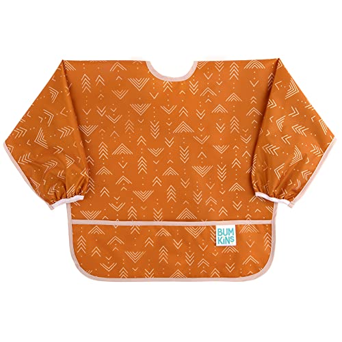 Image of Bumkins Sleeved Bib for Girl or Boy, Baby and Toddler for 6-24 Mos, Essential Must Have for Eating, Feeding, Baby Led Weaning Supplies, Long Sleeve Mess Saving Food Catcher, Soft Fabric, Boho Orange