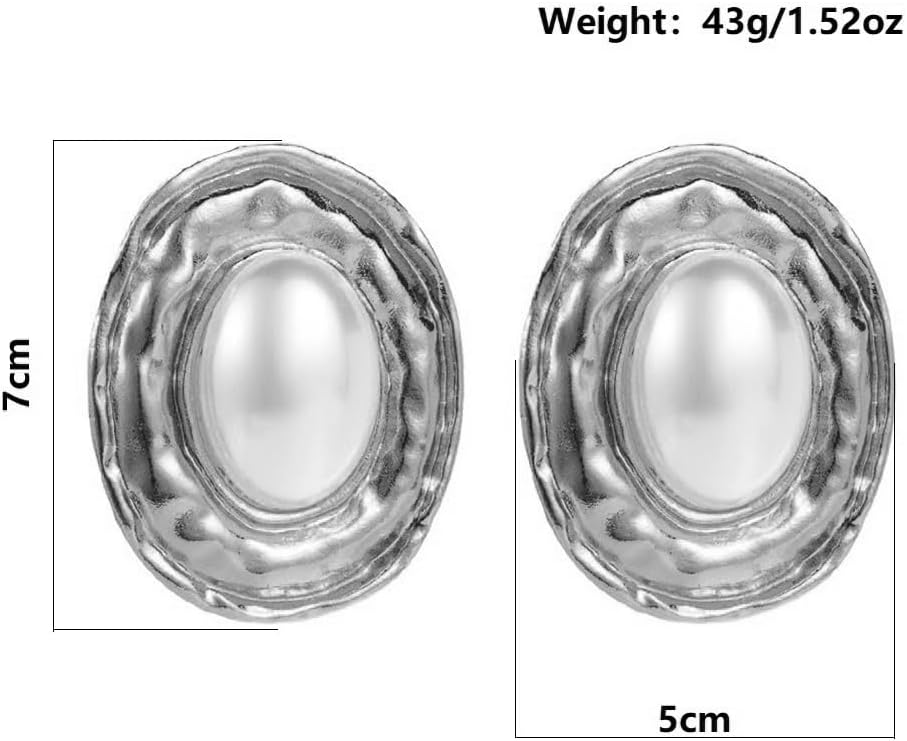 Chunky Large Pearl Statement Earrings for Women Exaggerated Big Geometric Oval Pearls Dangle Earring Two Tone Silver Costume Outfit Jewelry Accessories - Image 3