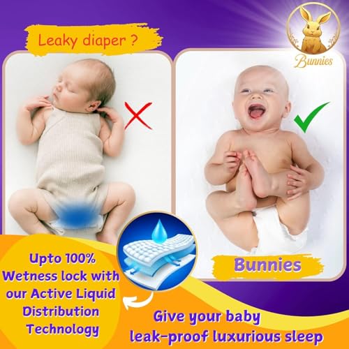 Image of Bunnies Premium All Night Absorb Pant Style Baby Diapers, Medium (M) Size 7-12kg, Pack of 100 Ultra Soft Babies Diapers with Leakage Guard & Anti-Bacterial with 12 Hours Absorption