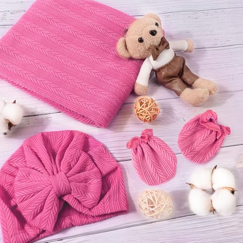 Image of AQOKKA Baby Swaddle Blankets with Bow Hat Mittens Set Wheat-Pattern Infant Receiving Blankets Swaddles for Newborns Unisex Toddler Swaddle Wrap Sets for Baby Girls Boys Nursery Warm Shower Gift