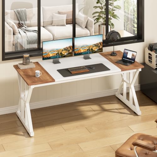 Image of 55 inch Large Computer Desk with Thickened Frame for Home Office, Living Room | Modern Simple Executive Desk, Larger Gaming Desk with X-Shaped ReInchforcement, Brown /White