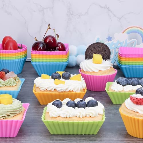 Image of 24Pack Silicone Muffin Cups, Reusable Cupcake Liners Molds for Baking, 3 Shapes Lunch Box Bento Dividers-Round, Square, and Rectangular (Colorsful, Regular Size)
