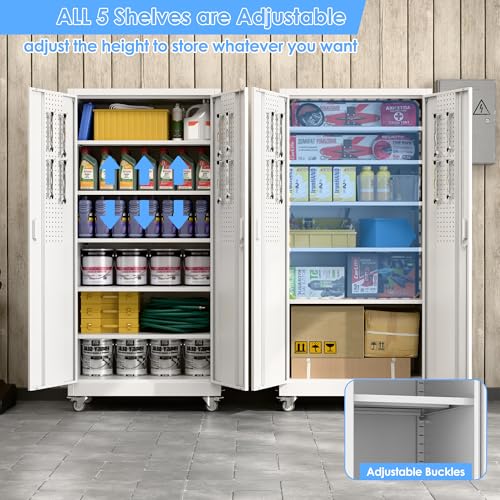 Image of White Metal Garage Storage Cabinet with Wheels and Pegboard, 71 in. | Lockable steel cabinet with dual-door pegboard, 4 hooks, 5 adjustable shelves and detachable casters; assembly required.