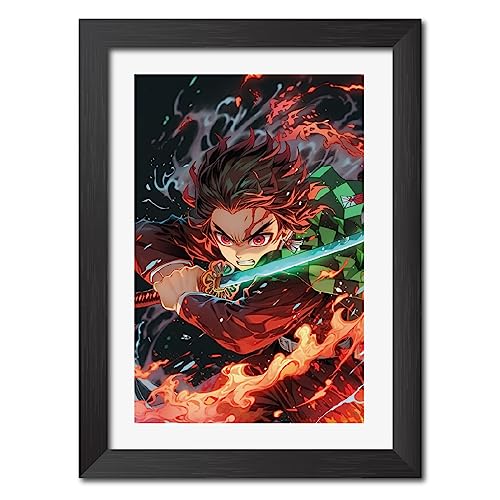 Image of TenorArts Tanjiro Photo Frame Demon Slayer Anime Laminated Poster Framed Painting with Matt Finish Black Textures (12inches x 9inches)