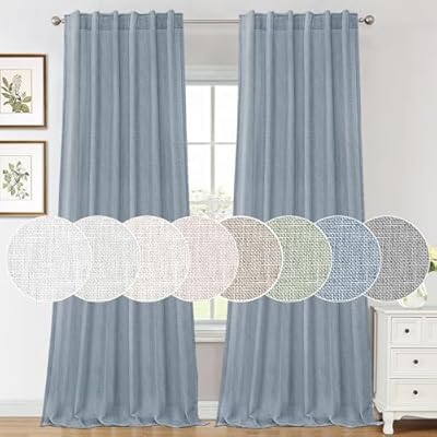 FantasDecor Linen Curtains 96 Inch Length for Living Room Back Tab & Rod Pocket Linen Panels Semi Sheer Blue Curtains for Bedroom Linen Textured Window Treatments Drapes, 2 Panels, Stone Blue