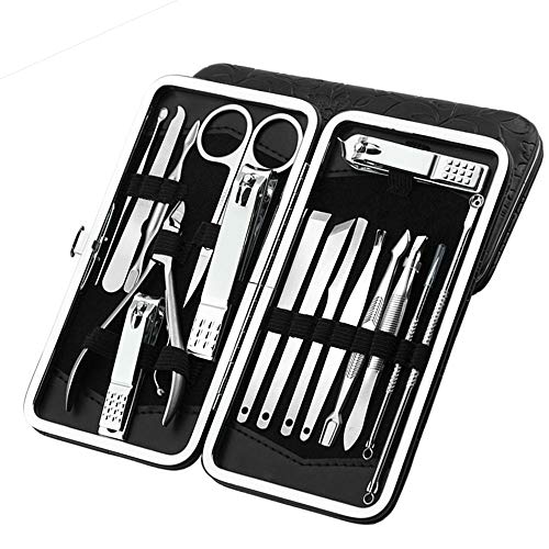 Manicure Pedicure Set - 16 in 1 Nail Clippers Kit Professional Stainless Steel Tweezers Cuticle Trimmer Ear Pick Grooming Kits with Leather Case - Black