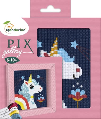 MY MANDARINE KC112C - Kit broderie enfant Pix Gallery - Tableau 14x14 cm - À partir de 6 ans - LICORNE, Carré