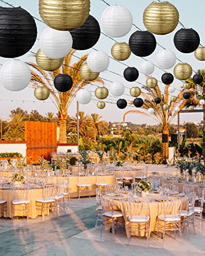 Image of VIJIV 15pcs /Lot Paper Lanterns for Wedding Party, 6 inch 8 inch 10 inch Mixed Size Decorative Round Chinese Lanterns Engagement Anniversary 21st Birthday Baby Shower Hanging Sky Decorations (Black,Gold,White)