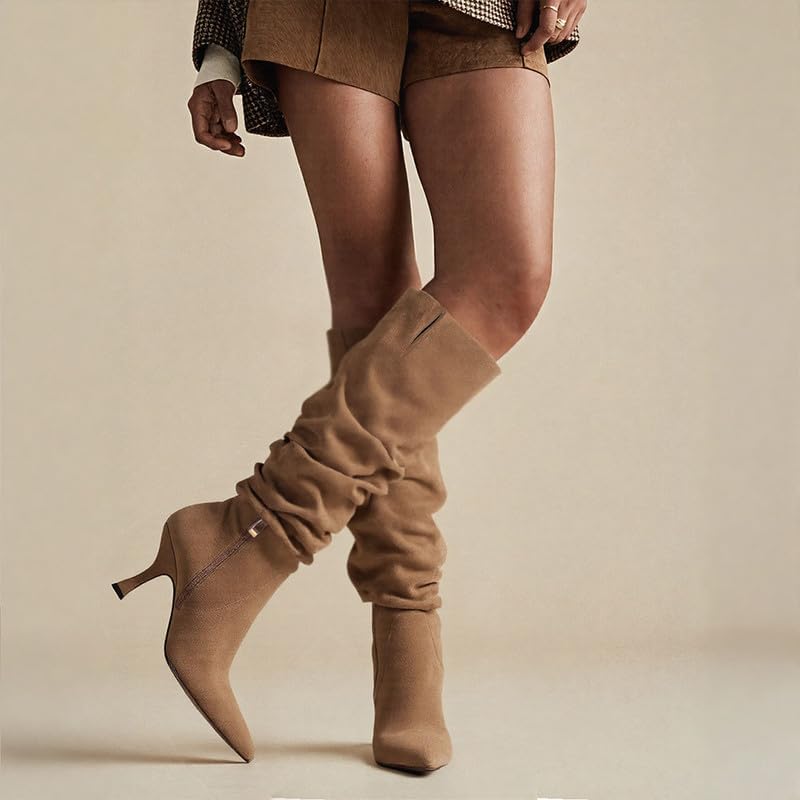 Erocalli Knee High Boots for Women Wide Calf Slouchy Tall Boot Kitten High Pointed Toe Side Zipper Winter Fashion - Image 2