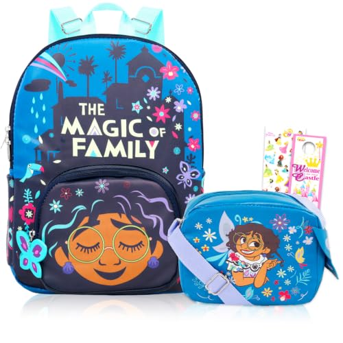 Disney Conjunto de mini mochila e bolsa Encanto – Pacote com bolsa de 35,5 cm com lantejoulas, bolsa transversal, adesivos e mais | Bolsas de viagem Encanto para crianças, meninas