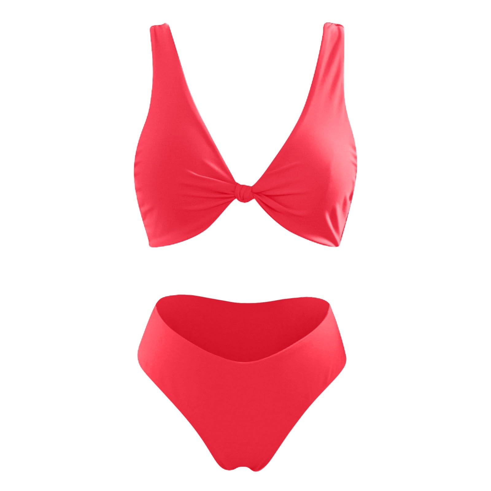 Costume da Bagno Donna Bikini for Tinta Unita Scollo A V Nodo Davanti Push Up Perizoma Gamba Alta A Due Pezzi, Rosso (Rosso Anguria), S