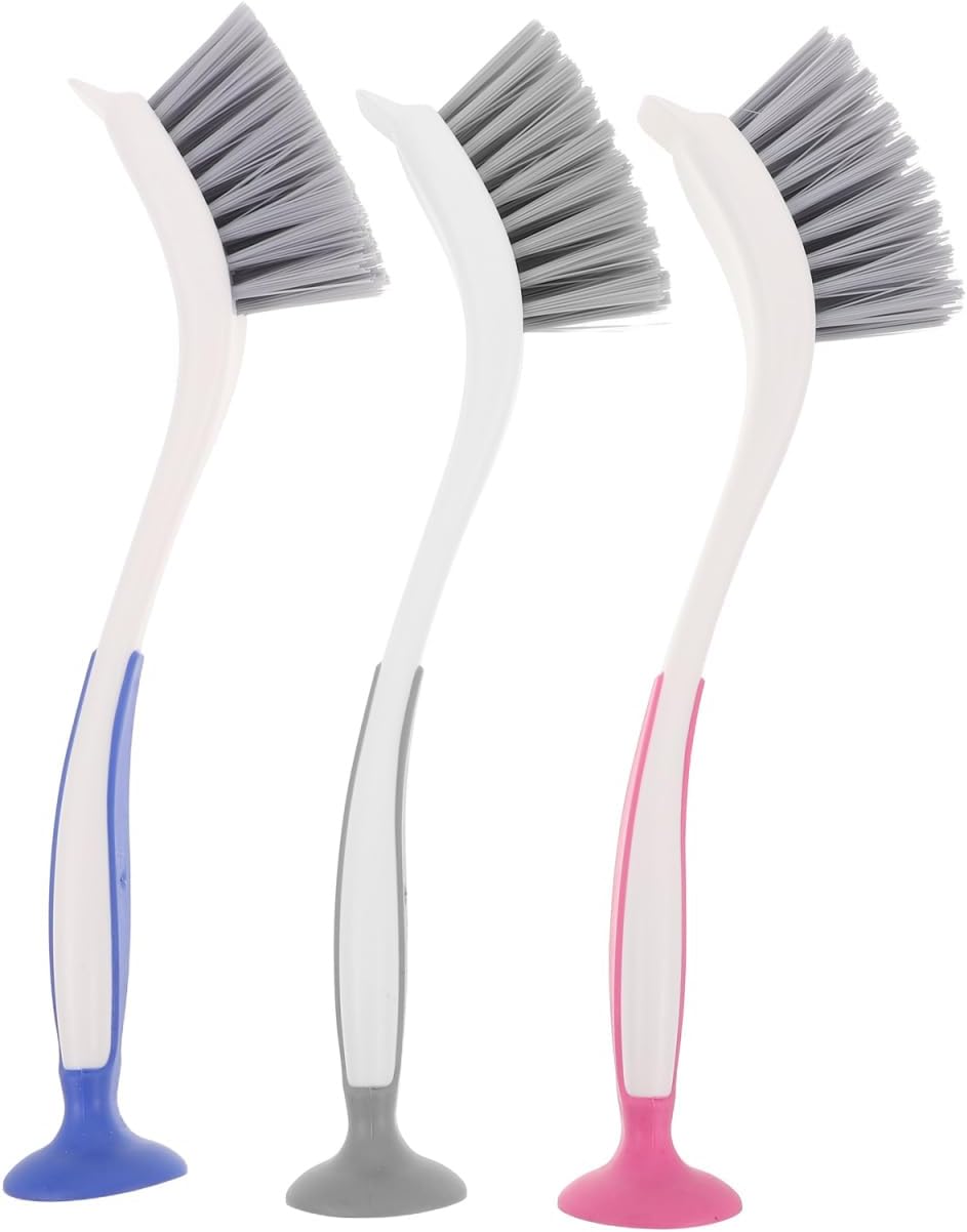 Beavorty 3pcs Long Handle Kitchen Brushes Versatile Dish Scrubbers with Suction Cup for Pans Sinks and Dishes Efficient Removal and Extended Protection for Safe