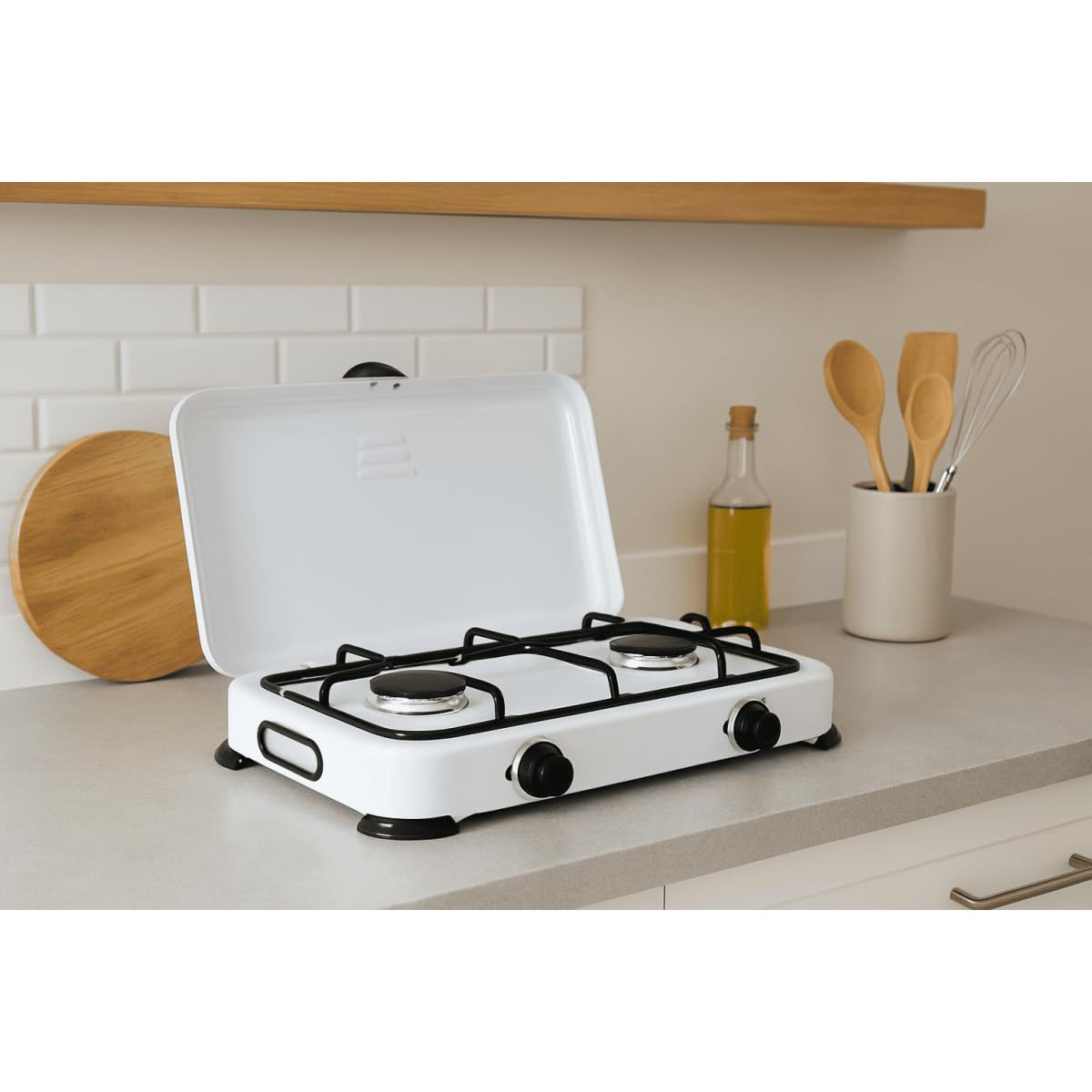 INTEC - Réchaud à Gaz 2 Feux 3200W, Brûleurs en Fonte Amovibles. Plaque de Cuisson Mobile avec Couvercle de Protection. Compatible Gaz Butane/Propane pour Camping et Jardin.