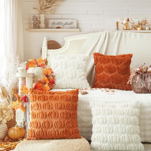 GEEORY Fall Pumpkins Soft Plush Pillow Covers, 20 x 20 Inch Set of 2, Fluffy Faux Fur Wool Decorative Farmhouse Cushion Case for Sofa Home Decoration Rust Pumpkin GC019-20 by GEEORY - Image 5