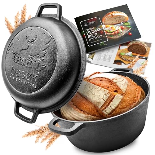 besok 26cm Gusseisen Topf Brot backen - Brotbackform mit Deckel für selbstgemachtes Brot - Ideal als Brotbacktopf, Brotbackzubehör, Gusseisentopf, Brottopf, Brotform, Gusstopf, cast iron pot