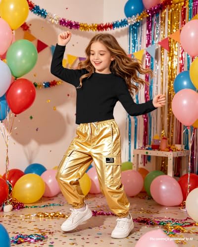 Image of Betusline Girls 2 Piece Summer Outfits,Kids Casual Short Sleeve Crop Top & Cargo Jogger Pants Sets,4T-14Y