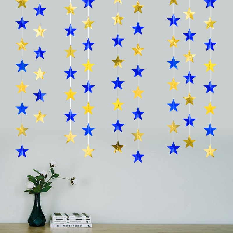 Image of Blue Gold Shining Star Hanging Garland Blue Gold Hanging Sparkling Star Streamer Glitter Bunting Banner Twinkle Backdrop for Wedding Baby Shower Birthday Christmas Decorations 40 Feet