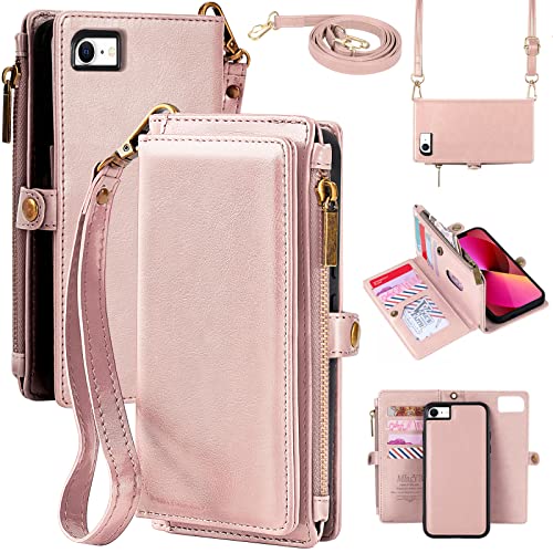 MInCYB iPhone SE (2022, 2020) Wallet Case, iPhone 7/8 Flip Folio Cover with RFID Blocking Credit Card Holder, Detachable Magnetic Zipper Purse with Wristlet Strap for iPhone 7/8/SE(2020, 2022) Pink by MInCYB - Used condition - US$13.35