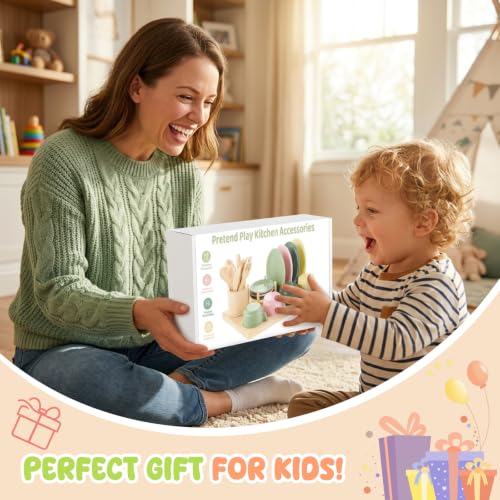 Image of GAGAKU Wooden Play Kitchen Accessories - 25Pcs Montessori Play Dishes Set with Integrated Storage Stand, Bright Color Plates & Bowls, Pretend Cooking Toys for Ages 3-5, Educational Gift for Toddler