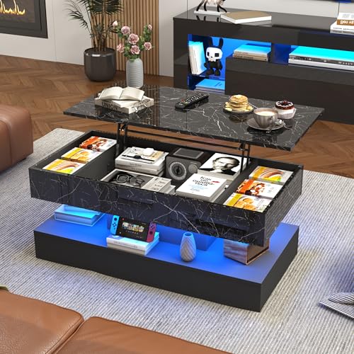 chartustriable 47.2" Large Lift Top Coffee Table, Modern LED High Glossy Coffee Table with Charging Station, Lights, Hidden Compartment Storage, Lift Center Tables for Living Room, Home Office, Black