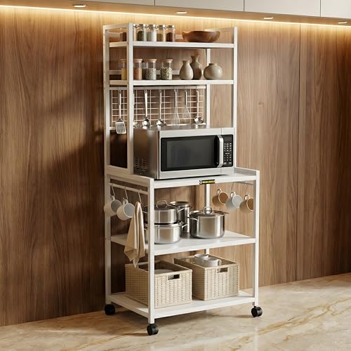 Image of Heavy-Duty 5-Tier Microwave Oven Stand with Wheels | Metal Kitchen Appliance Rack with Hooks & Storage Shelves | Air Fryer, OTG, Oven Organizer Trolley (MS 5 White)