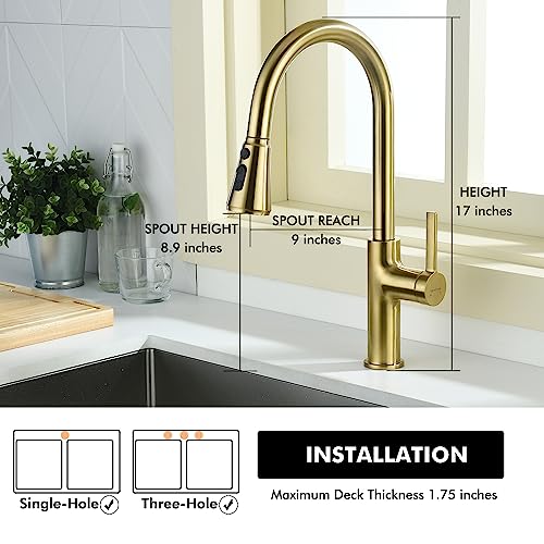 Lavatrum Kitchen Faucet With Pull Down Sprayer Brushed Gold, 17 Inches Extended Body Single Handle High Arc Kitchen Sink Faucet With 3-Function Sprayer, Faucet For Kitchen Sink, Grifos De Cocina #TOP6