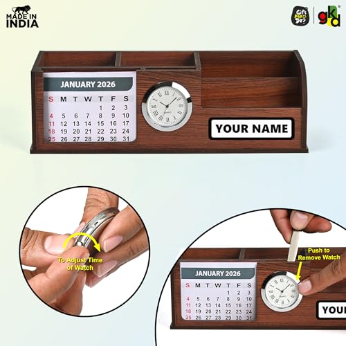 Image of Gift Kya De Personalized Stationery Desk Organizer With 2026 Calendar, Clock, And 4 Compartments - Elegant Wooden Table Organizer For Office And Home Use