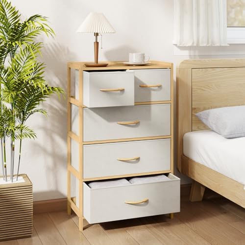 loko bamboo dresser with 5 drawers angled view in living room