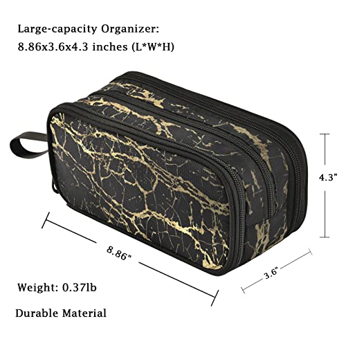 Image of Fustylead Trendy Black Golden Lines Marble Print Large Pencil Pen Case Stationery Bag, 3 Compartments School College Office Desk Organizer Storage Pouch Marker for Teen Boys Girls Students