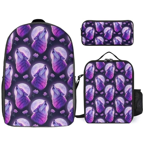 3 Pcs Backpack Set Travel Backpack Casual 17 Inch Daypack Purple Moon Wolf College Bookbag with Insulated Lunch Bag and Pencil Pouch
