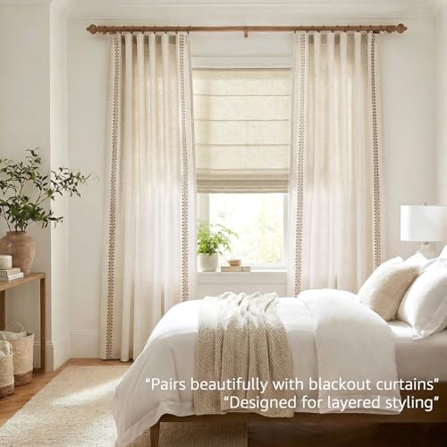 Image of jinchan Beige Linen Curtains with Woven Trim Back Tab 50 x 84 Inch 2 Panels