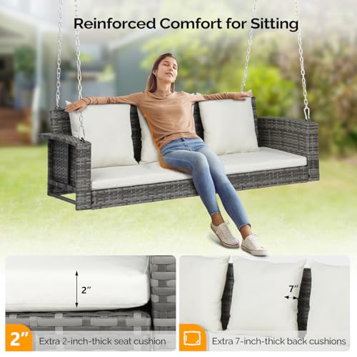 Image of VINGLI 5FT Wicker Swing, Rattan Porch Swing, Outdoor Hanging Seat, Grey