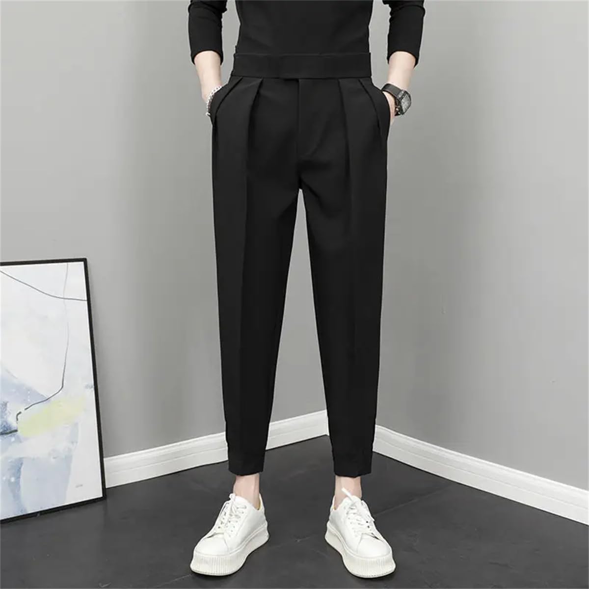 Men's Fashion Loose Solid Pleated Temperament High Waist Handsome Thin Spring Summer Casual Pants