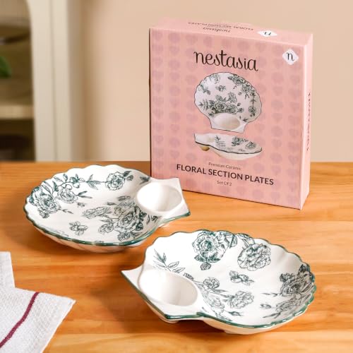 Image of Nestasia Set of 2 Ceramic Shell-Shaped Snack Plate with Dip Section for Chutney | Microwave & Dishwasher Safe Starter Plates | Perfect for Fries, Momos, Sushi, Kebab (White & Green)
