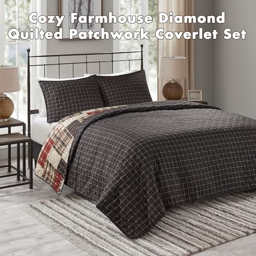 Image of Madison Park Queen Quilt Set Patchwork Farmhouse, Diamond Quilting Reversible Coverlet Set for Queen Size Bed, Plush Cotton Filled Quilt Set Queen Size, Shams Full /Queen Red /Black 3 Piece