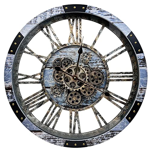 DORBOKER 24 Large Wall Clock with Moving Gears, Big Vintage Rustic Country Tuscan Style Ocean Clocks for Living Room Home Office Decor,Solid Wood HD Tempered Glass Cover,Aqua Green