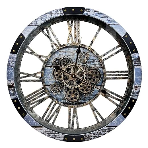 DORBOKER 24" Large Wall Clock with Moving Gears, Big Vintage Rustic Country Tuscan Style Ocean Clocks for Living Room Home Office Decor,Solid Wood HD Tempered Glass Cover,Aqua Green