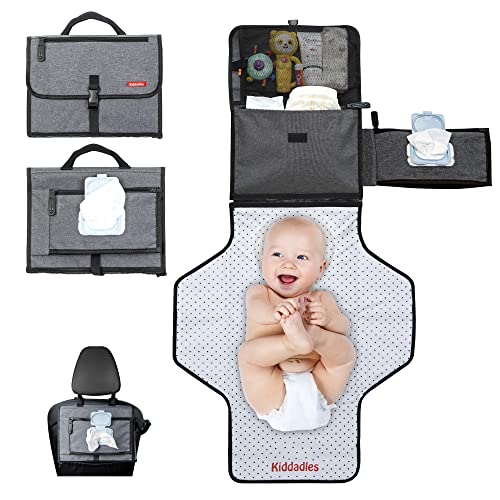 Image of Kiddadles Portable Diaper Changing Pad, Portable Changing Pad for Infants with Soft Pillows, Wet Tissue Pocket & Carry Handle, Waterproof Baby Changing Pad, Newborn Essentials, Baby Shower Gifts