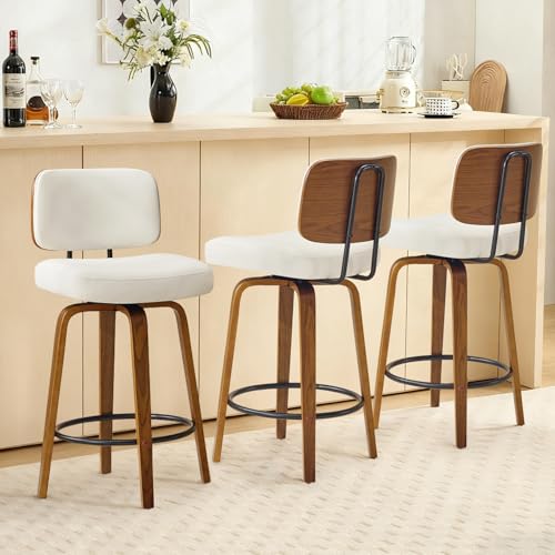 Image of Counter Height Bar Stools Set of 1, 26+inch Swivel Faux Leather Barstool with Back, Upholstered Mid-Century Modern Bar Chairs with Bent Wood Legs for Kitchen Counter, Dining Room,White