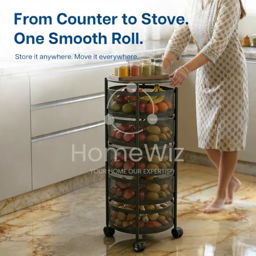 Image of HomeWiz Round Kitchen Rack 5- Layer | Lifetime Usage Heavy Duty Steel Trolley | Kitchen Storage | Onion Potato Rack for Kitchen | Multipurpose Storage Rack for Fruits & Vegetables | Rust-Free Forever