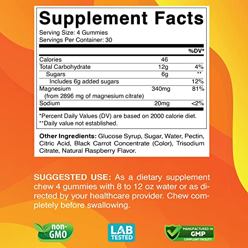 Vitabod Extra Strength Magnesium Gummies, Supports Nerve Health, Bone Health, Muscle Health - 120 Gummies - (340 Mg Of Elemental Magnesium From 2896 Mg Of Magnesium Citrate / 4 Gummies) #TOP1
